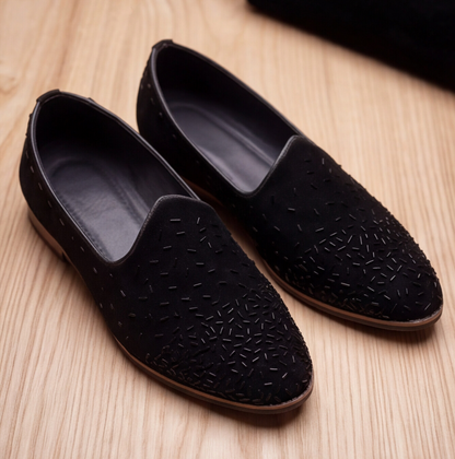 Black Handmade Embroidered Velvet Loafers