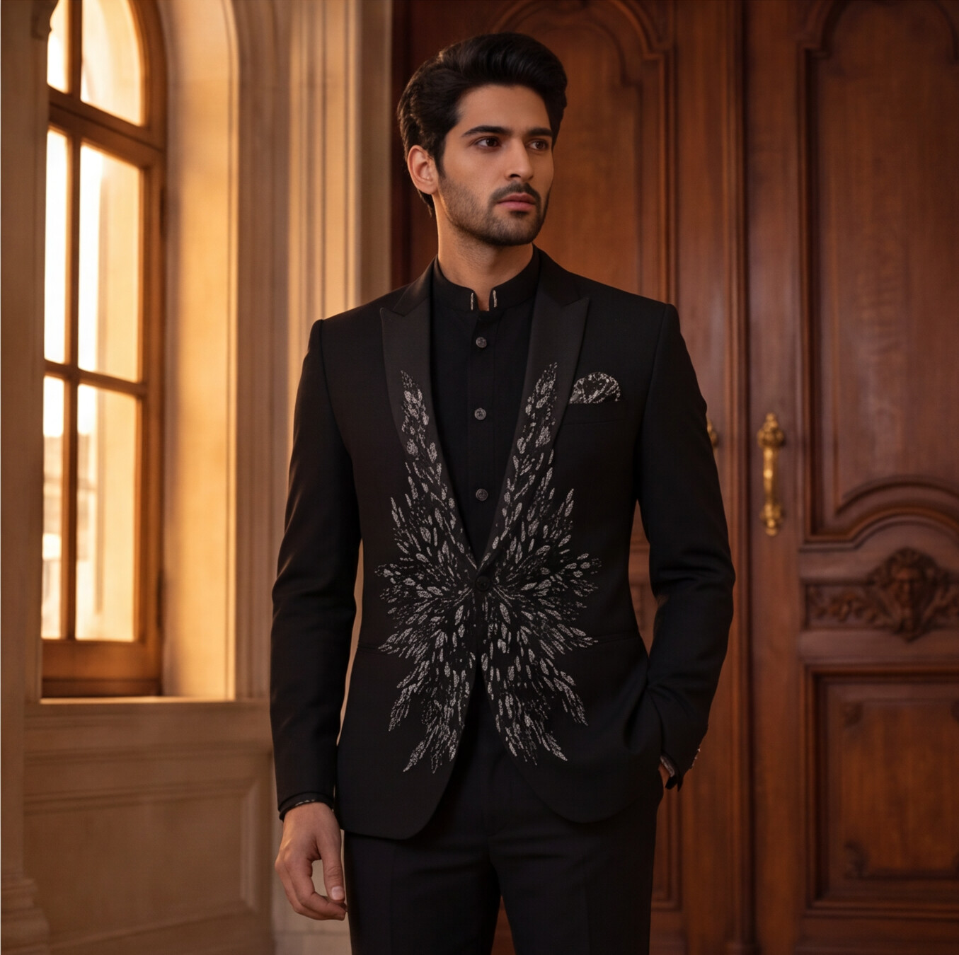 Black Hand Embroidered Designer Tuxedo with Bandhgala Waistcoat