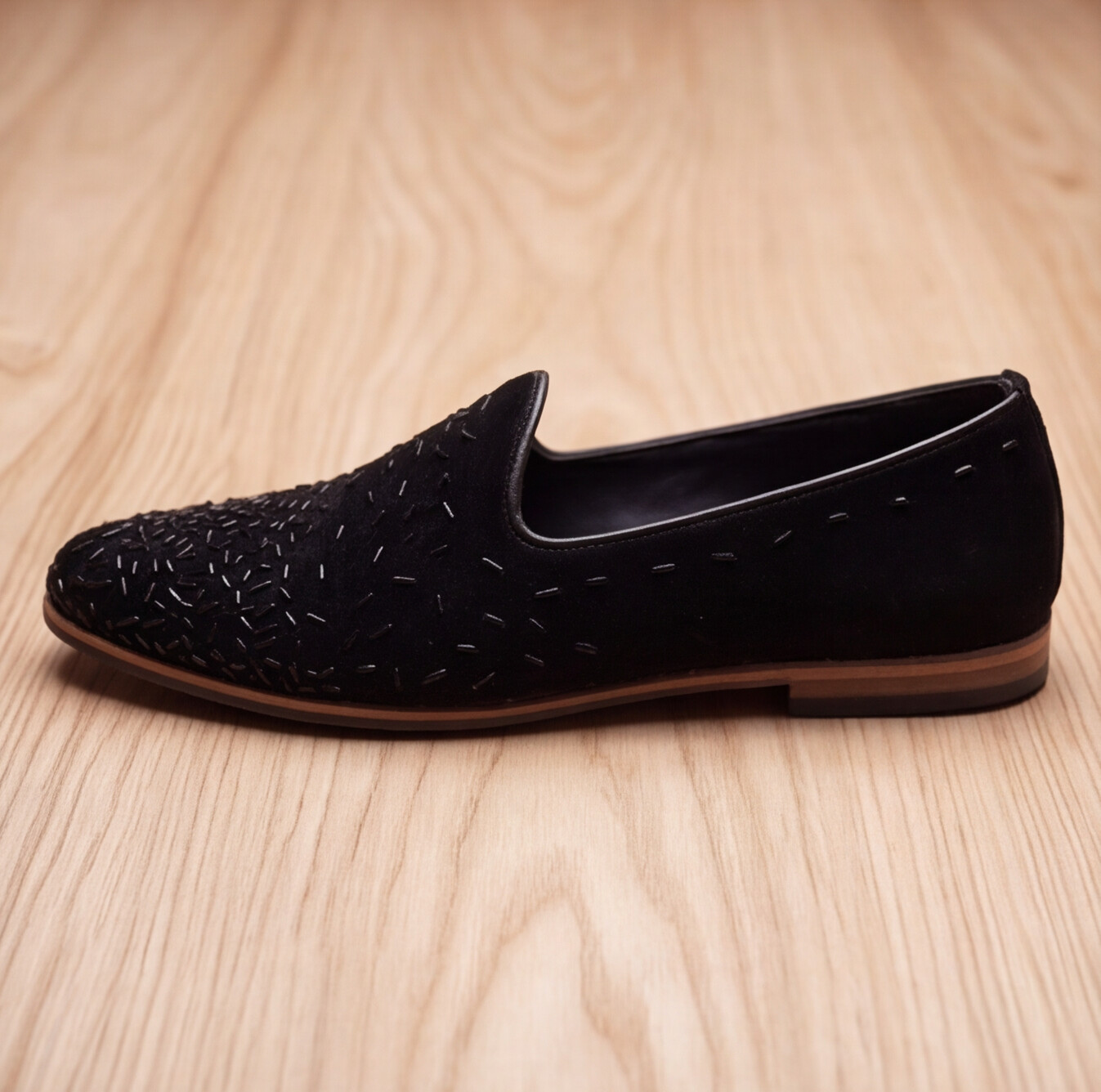 Black Handmade Embroidered Velvet Loafers
