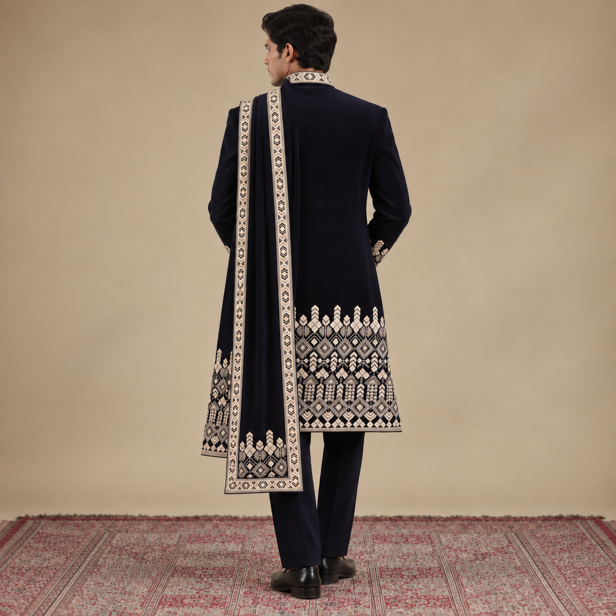 Blue Embroidered Indo-Western with Stole