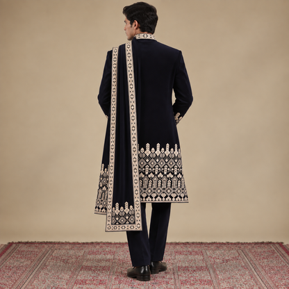 Blue Embroidered Indo-Western with Stole
