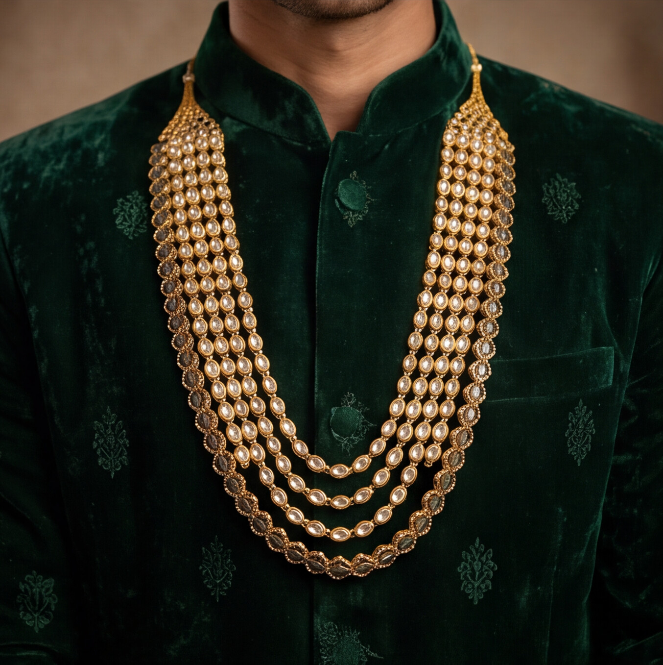 Golden Finish Kundan Polki Layered Men's Necklace