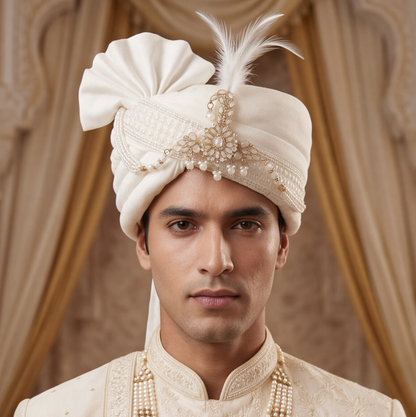 Cream Handmade Sehra with Kalangi (Art Silk)