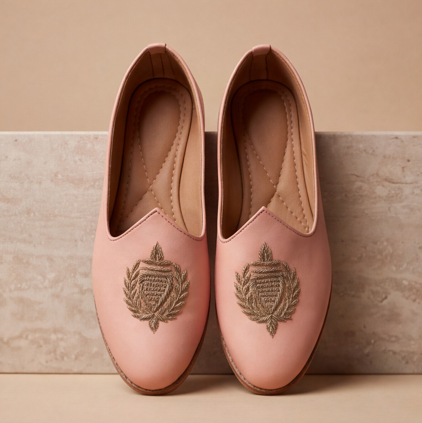 Peach Hand Made Embroidered Mojris