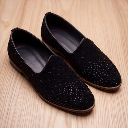 Black Handmade Embroidered Velvet Loafers