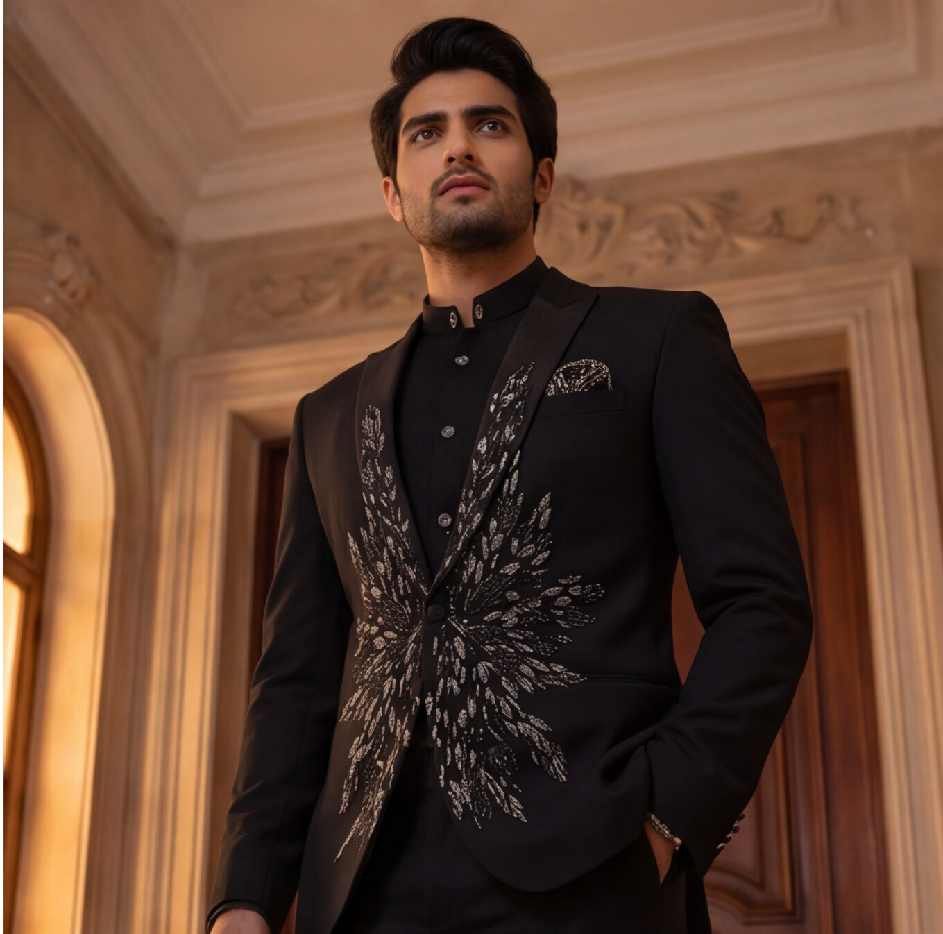 Black Hand Embroidered Designer Tuxedo with Bandhgala Waistcoat