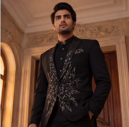 Black Hand Embroidered Designer Tuxedo with Bandhgala Waistcoat